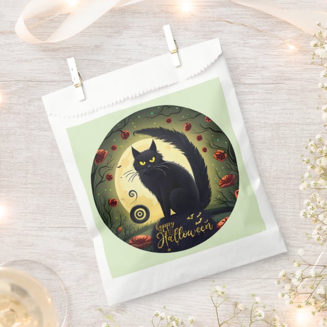 Creepy Black Cat Light Green Happy Halloween Favour Bag (Clipped)