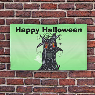 Creepy Black Halloween Tree With Evil Face Banner