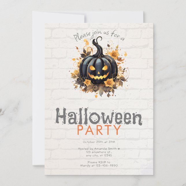 Creepy Black Jack-O' Lantern Halloween Party Invitation (Front)