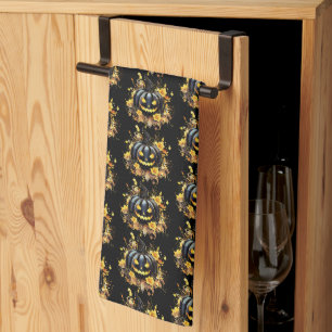 Creepy Black Jack-O' Lantern Pattern Halloween Tea Towel