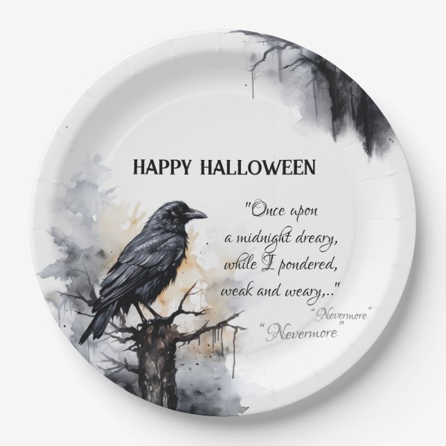 Creepy Black Raven Halloween Paper Plate (Front)