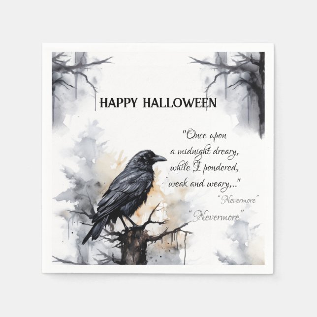Creepy Black Raven Happy Halloween  Napkin (Front)