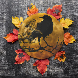 Creepy Black Raven in Dead Tree Halloween Paper Plate