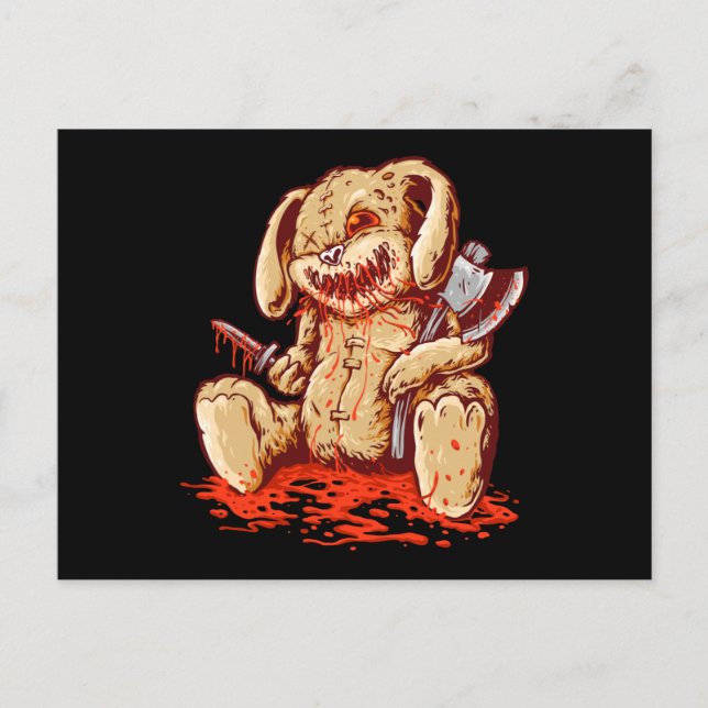 Creepy bloody rabbit doll carrying postcard (Front)