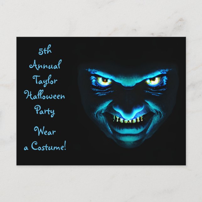 Creepy Blue Face Halloween Party Invites Postcard (Front)