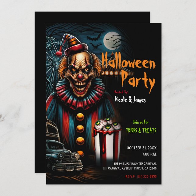 Creepy Carnival Clown Halloween Party  Invitation (Front/Back)