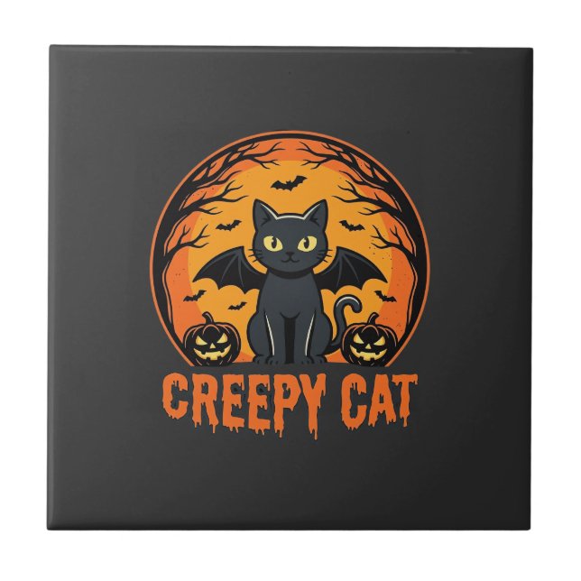 Creepy Cat Halloween Bat Moon Graphic Design_1 Ceramic Tile (Front)