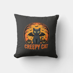 Creepy Cat Halloween Bat Moon Graphic Design_1 Cushion