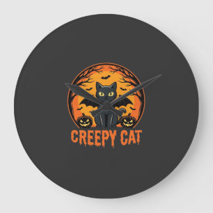Creepy Cat Halloween Bat Moon Graphic Design_1 Large Clock