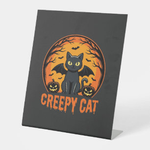 Creepy Cat Halloween Bat Moon Graphic Design_1 Pedestal Sign