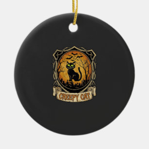 Creepy Cat Halloween Black Graveyard Bats Ceramic Ornament