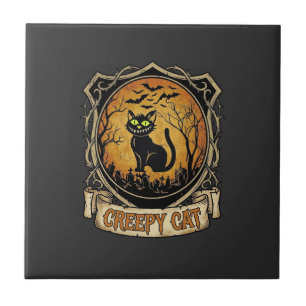 Creepy Cat Halloween Black Graveyard Bats Ceramic Tile