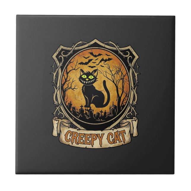 Creepy Cat Halloween Black Graveyard Bats Ceramic Tile (Front)