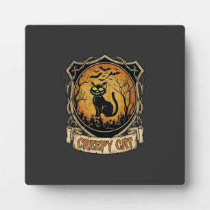 Creepy Cat Halloween Black Graveyard Bats Plaque