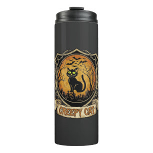Creepy Cat Halloween Black Graveyard Bats Thermal Tumbler