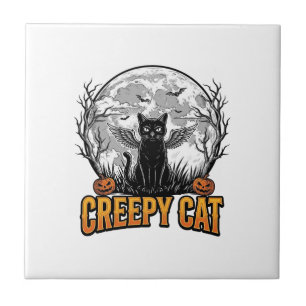 Creepy Cat Halloween Vintage Engraving Design_1 Ceramic Tile