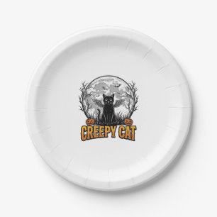 Creepy Cat Halloween Vintage Engraving Design_1 Paper Plate