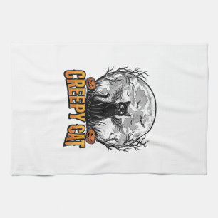 Creepy Cat Halloween Vintage Engraving Design_1 Tea Towel