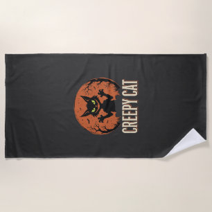 Creepy Cat Halloween Vintage Moon Graphic Beach Towel