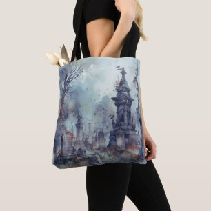 Creepy Cemetery Graveyard Graves Crosses Halloween Tote Bag