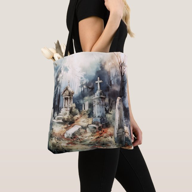 Creepy Cemetery Graveyard Graves Crosses Halloween Tote Bag (Close Up)
