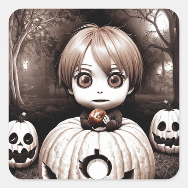 Creepy Child with Poison Apple in Pumpkin  Square Sticker (Front)