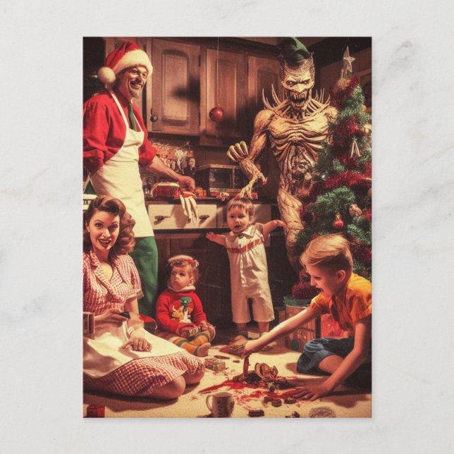 Creepy Christmas Horror Retro Family Portrait Postcard (Front)