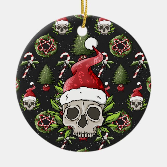 Creepy Christmas Santa Skull Ceramic Ornament (Front)
