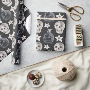 Creepy Cobra Snake Skull Flower Black Wrapping Paper