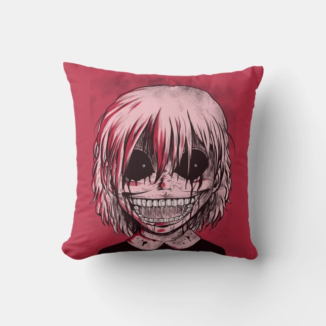 Creepy Cool Red and Black Girl Zombie Cushion (Front)