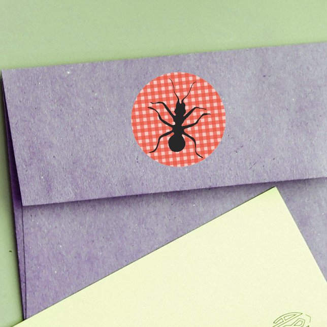 Creepy Crawly Ant Plaid Tablecloth Classic Round Sticker (Big black ant on red white picnic tablecloth plaid round stickers.)