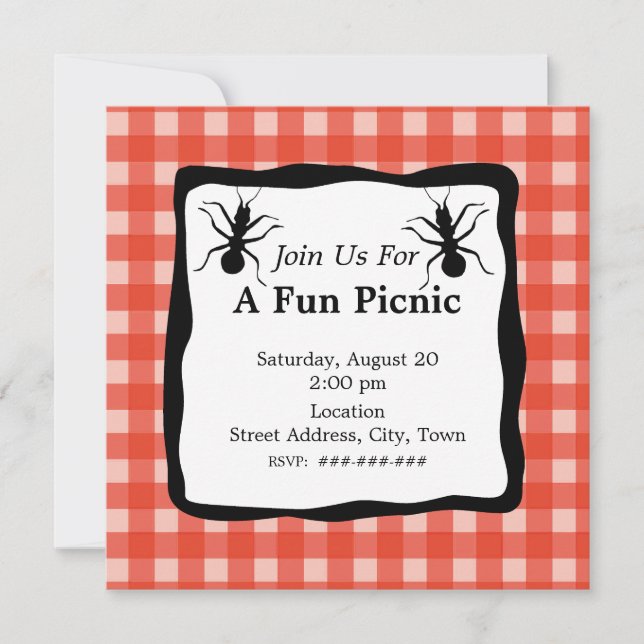 Creepy Crawly Ant Plaid Tablecloth Picnic Party Invitation (Front)
