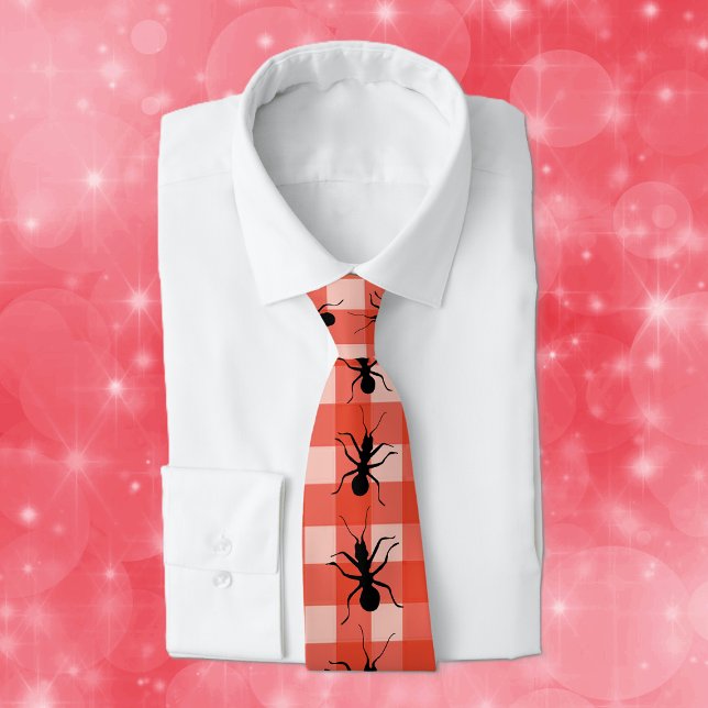 Creepy Crawly Ants Plaid Tablecloth Tie (Big crawling black ants on red white checkered tablecloth plaid neck tie.)