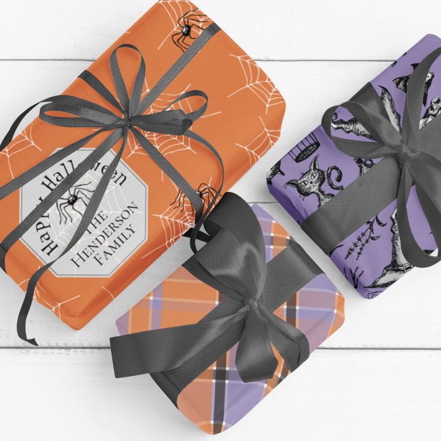 Creepy Custom Family Name Halloween Party  Wrapping Paper Sheet (3 Individual Halloween Designs with Customizable Family Name. Spiderwebs, Plaid & Creepy Ink Images.)