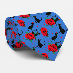 Creepy Cute Black Cats Red Roses Pattern on Blue Tie