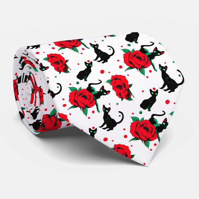 Creepy Cute Black Cats Red Roses Pattern Tie (Rolled)