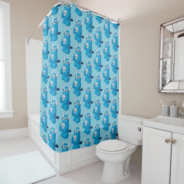 Creepy Cute Demon Kawaii Blue Goth Kids Shower Curtain (In Situ)