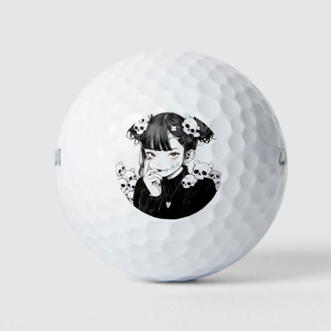 Creepy Cute Goth Manga Syle Skulls and Anime Girl Golf Balls (Front)
