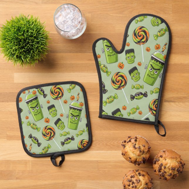 Creepy Cute Halloween For Frankenstein Oven Mitt & Pot Holder Set (Top Down)