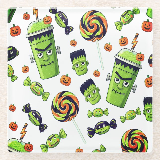 Creepy Cute Halloween Frankenstein Glass Coaster (Front)