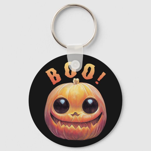 Creepy Cute Halloween Pumpkin Head Saying Boo Key Ring (Front)