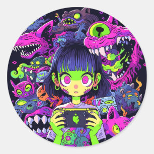 Creepy Cute Horror Anime Gamer Girl Classic Round Sticker