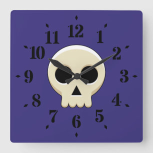 Creepy Cute Kawaii Goth Skull Square Wall Clock