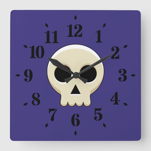 Creepy Cute Kawaii Goth Skull Square Wall Clock (Front)