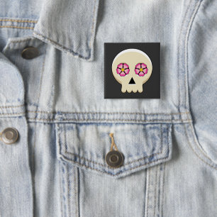 Creepy Cute Kawaii Goth Skull with Flowers 15 Cm Square Badge