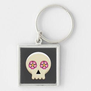 Creepy Cute Kawaii Goth Skull with Flowers Key Ring