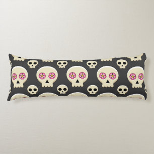 Creepy Cute Kawaii Goth Skull with Flowers Pattern Body Cushion