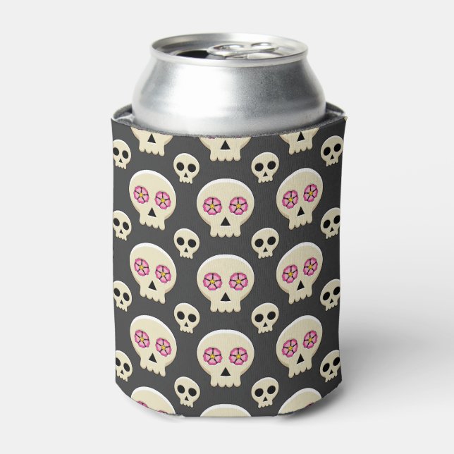 Creepy Cute Kawaii Goth Skull with Flowers Pattern Can Cooler (Can Front)