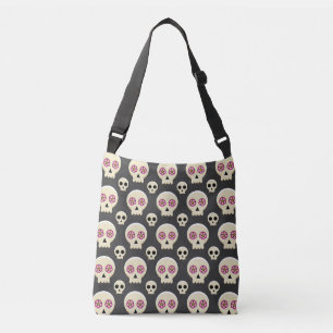 Creepy Cute Kawaii Goth Skull with Flowers Pattern Crossbody Bag