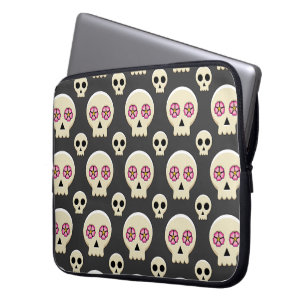 Creepy Cute Kawaii Goth Skull with Flowers Pattern Laptop Sleeve